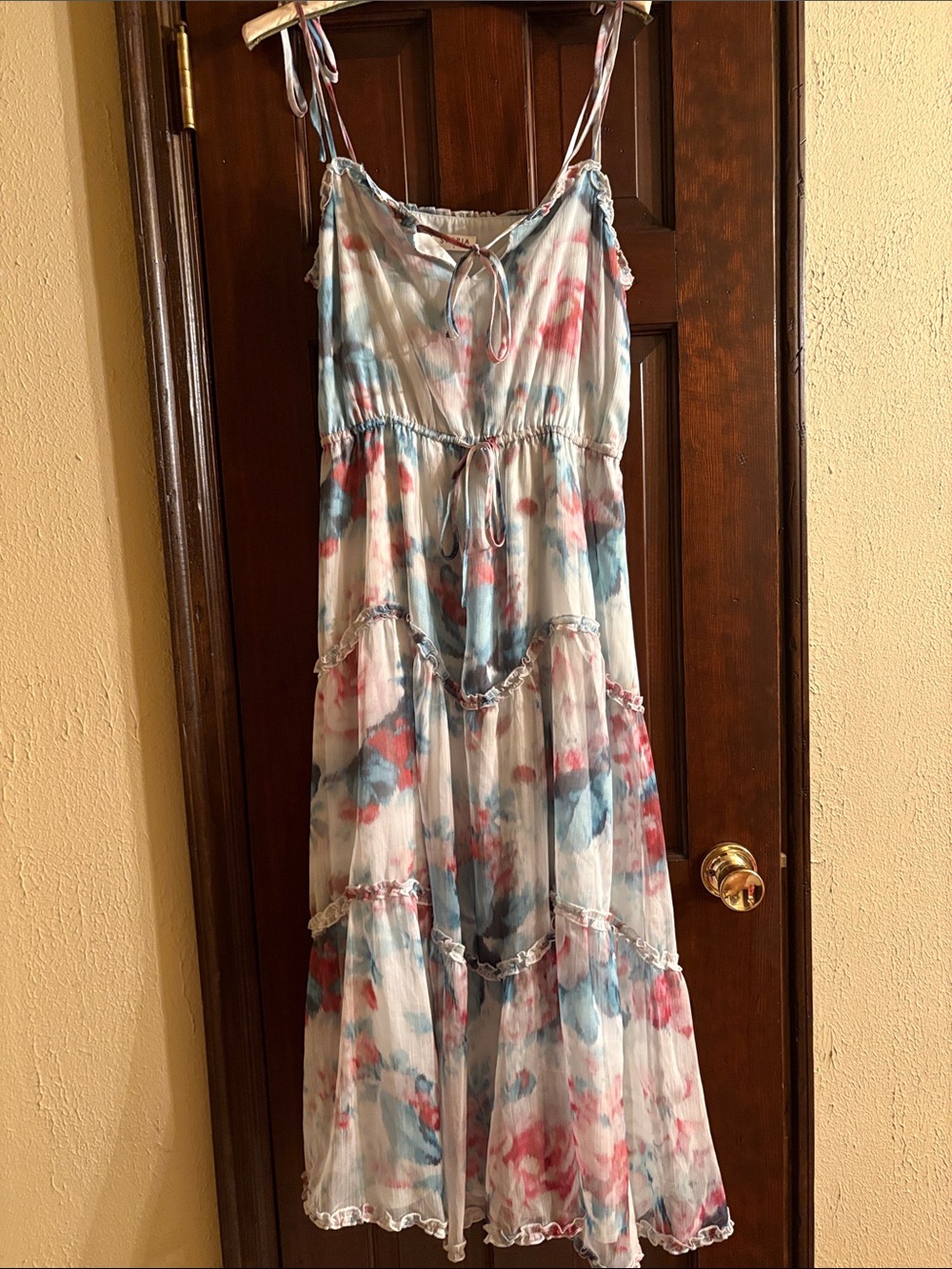 Storia Sleeveless Tie-Dye Tiered Maxi Dress in Blue & Pink